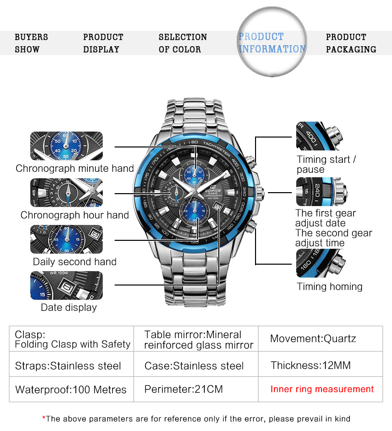 Casio Edifice Brand Luxury Quartz Waterproof Chronograph Sport Watch For Men.